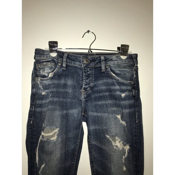 Silver Jean Women 26x27 Kennie Button Fly Distressed Stretch Fabric Straight Cut - Picture 3 of 11